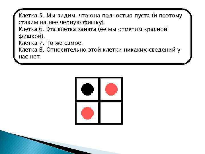 Клетка 5. Мы видим, что она полностью пуста (и поэтому ставим на нее черную