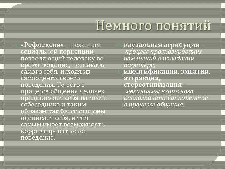 Немного понятий «Рефлексия» – механизм социальной перцепции, позволяющий человеку во время общения, познавать самого