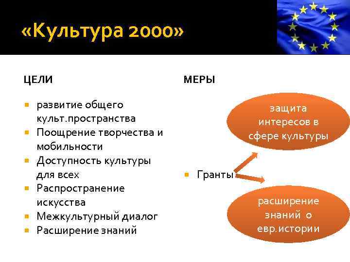  «Культура 2000» ЦЕЛИ развитие общего культ. пространства Поощрение творчества и мобильности Доступность культуры