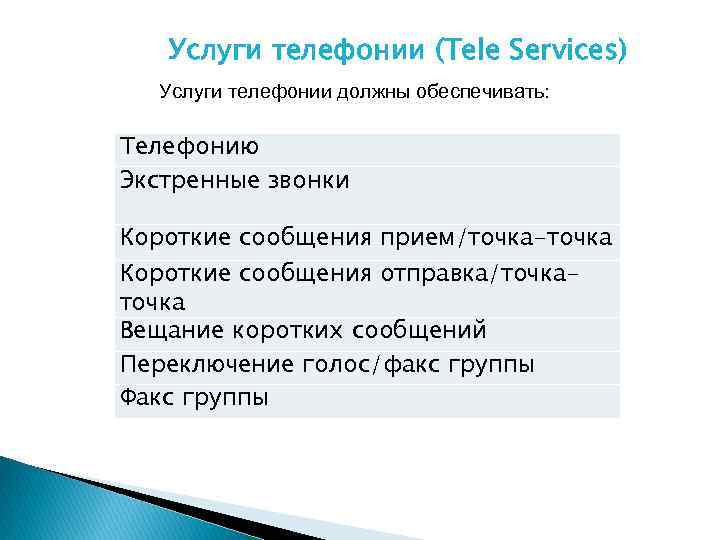 Услуги телефонии (Tele Services) Услуги телефонии должны обеспечивать: Телефонию Экстренные звонки Короткие сообщения прием/точка-точка