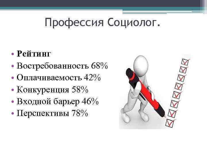 Профессия Социолог. • Рейтинг • Востребованность 68% • Оплачиваемость 42% • Конкуренция 58% •