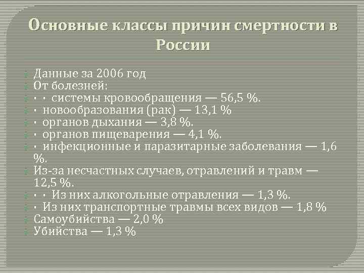 Основные классы причин смертности в России Данные за 2006 год От болезней: · ·