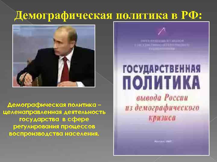 Демографическая политика в РФ: Демографическая политика – целенаправленная деятельность государства в сфере регулирования процессов