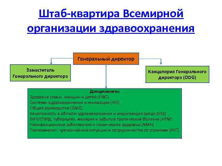 Штаб-квартира Всемирной организации здравоохранения Генеральный директор Заместитель Генерального директора Канцелярия Генерального директора (ODG) Департаменты