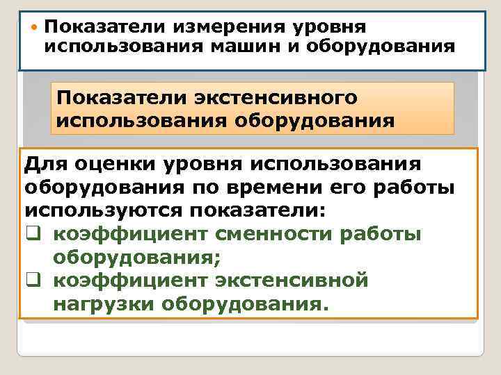  Показатели измерения уровня использования машин и оборудования Показатели экстенсивного использования оборудования Для оценки