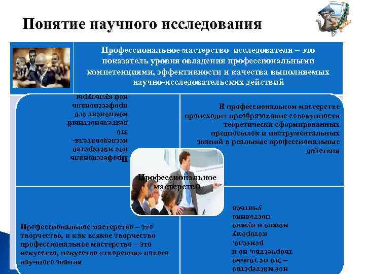 Понятие научного исследования Профессиональное мастерство исследователя – это показатель уровня овладения профессиональными компетенциями, эффективности