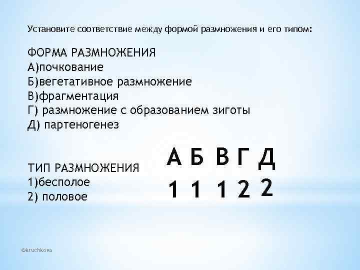 Установите соответствие между формой размножения и его типом: ФОРМА РАЗМНОЖЕНИЯ А)почкование Б)вегетативное размножение В)фрагментация