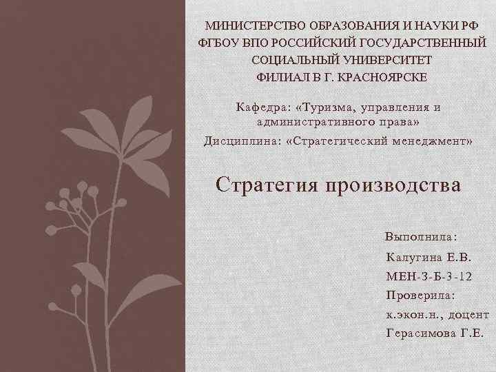 МИНИСТЕРСТВО ОБРАЗОВАНИЯ И НАУКИ РФ ФГБОУ ВПО РОССИЙСКИЙ ГОСУДАРСТВЕННЫЙ СОЦИАЛЬНЫЙ УНИВЕРСИТЕТ ФИЛИАЛ В Г.