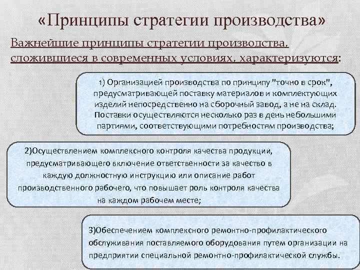  «Принципы стратегии производства» Важнейшие принципы стратегии производства, сложившиеся в современных условиях, характеризуются: 1)