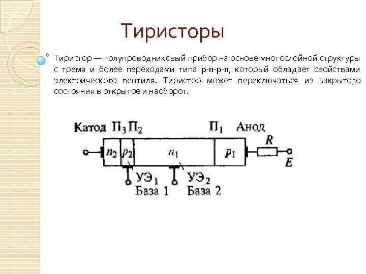 Тиристоры Тиристор — полупроводниковый прибор на основе многослойной структуры с тремя и более переходами