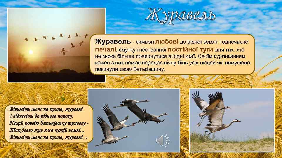 Журавель - символ любові до рідної землі, і одночасно печалі, смутку і нестерпної постійної