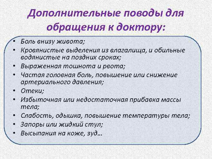 Дополнительные поводы для обращения к доктору: • Боль внизу живота; • Кровянистые выделения из