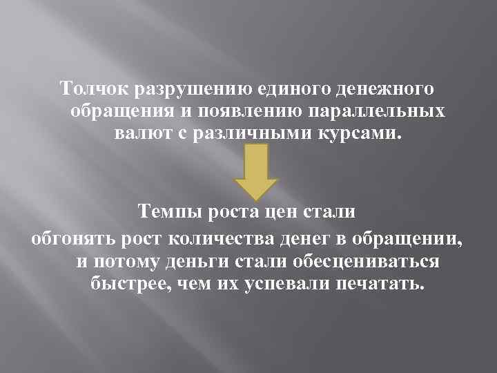 Толчок разрушению единого денежного обращения и появлению параллельных валют с различными курсами. Темпы роста