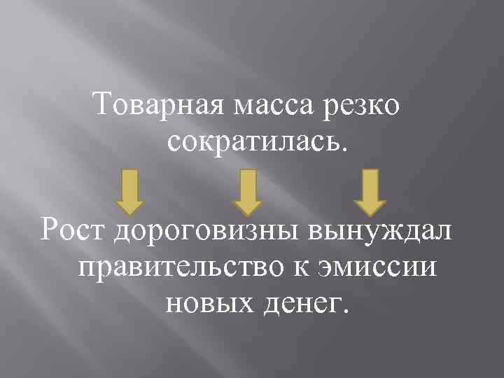 Товарная масса резко сократилась. Рост дороговизны вынуждал правительство к эмиссии новых денег. 