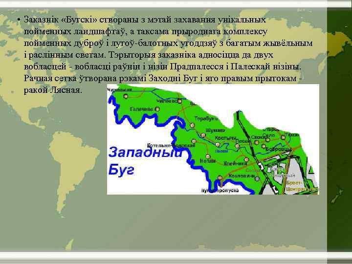  • Заказнік «Бугскі» створаны з мэтай захавання унікальных пойменных ландшафтаў, а таксама прыроднага