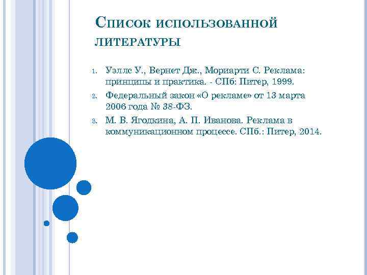 СПИСОК ИСПОЛЬЗОВАННОЙ ЛИТЕРАТУРЫ 1. Уэллс У. , Вернет Дж. , Мориарти С. Реклама: принципы