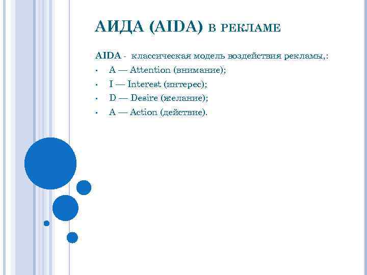 АИДА (AIDA) В РЕКЛАМЕ AIDA - классическая модель воздействия рекламы, : • A —