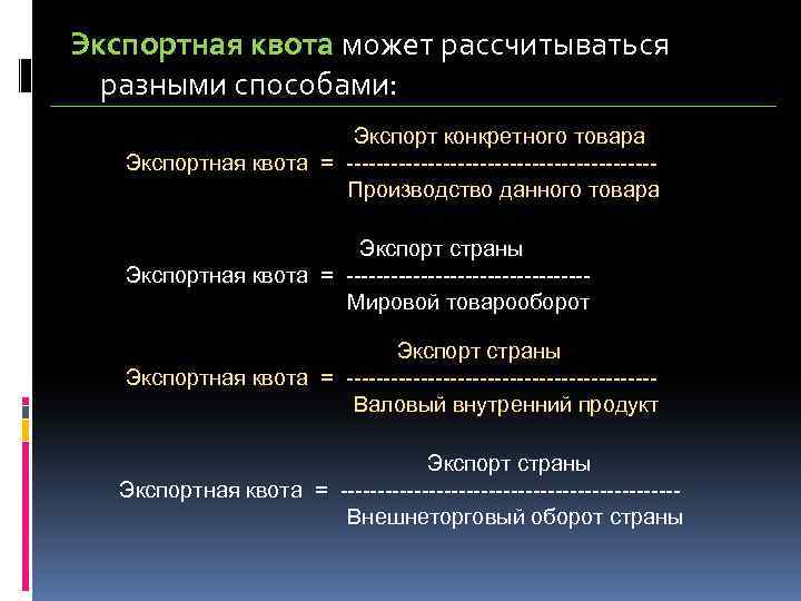 Экспортная квота может рассчитываться разными способами: Экспорт конкретного товара Экспортная квота = ---------------------Производство данного