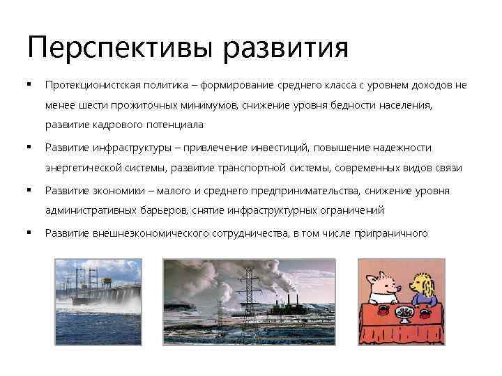 Перспективы развития § Протекционистская политика – формирование среднего класса с уровнем доходов не менее