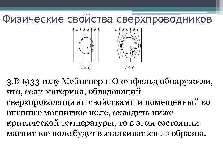Физические свойства сверхпроводников 3. В 1933 голу Мейнснер и Окенфельд обнаружили, что, если материал,