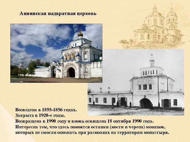  Аннинская надвратная церковь Возведена в 1855 -1856 годах. Закрыта в 1920 -е годы.