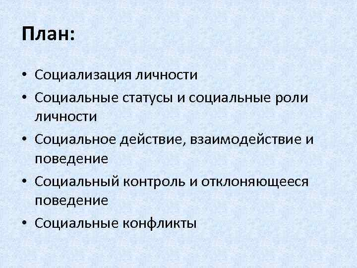 План: • Социализация личности • Социальные статусы и социальные роли личности • Социальное действие,