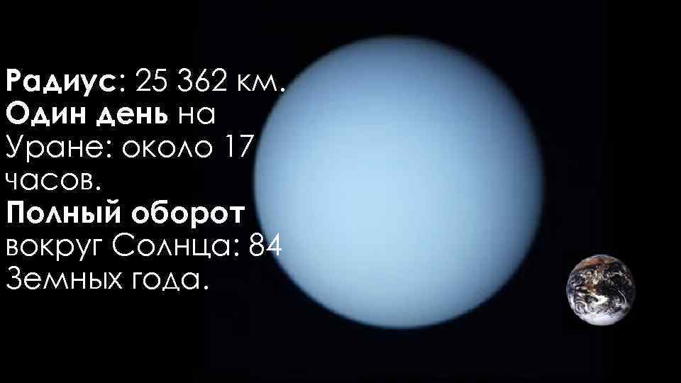 Радиус: 25 362 км. Один день на Уране: около 17 часов. Полный оборот вокруг