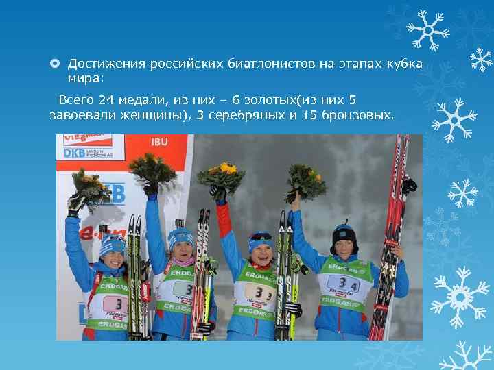  Достижения российских биатлонистов на этапах кубка мира: Всего 24 медали, из них –