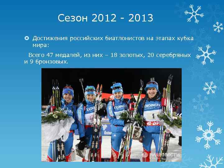 Сезон 2012 - 2013 Достижения российских биатлонистов на этапах кубка мира: Всего 47 медалей,