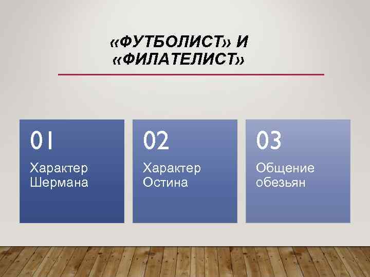  «ФУТБОЛИСТ» И «ФИЛАТЕЛИСТ» 01 02 03 Характер Шермана Характер Остина Общение обезьян 