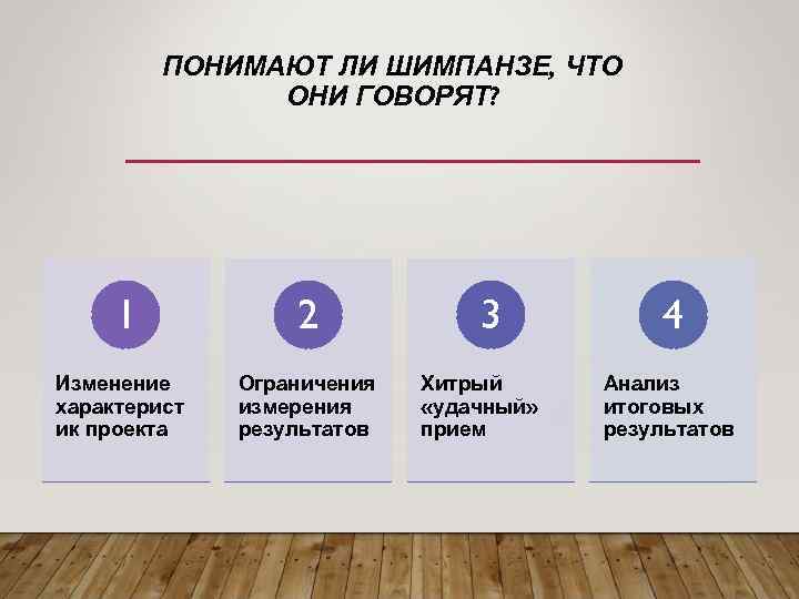 ПОНИМАЮТ ЛИ ШИМПАНЗЕ, ЧТО ОНИ ГОВОРЯТ? 1 2 Изменение характерист ик проекта Ограничения измерения