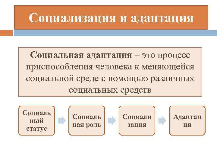Социализация и адаптация Социальная адаптация – это процесс приспособления человека к меняющейся социальной среде
