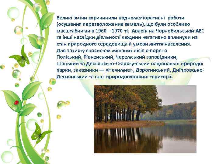 Великі зміни спричинили водномеліоративні роботи (осушення перезволожених земель), що були особливо масштабними в 1960—