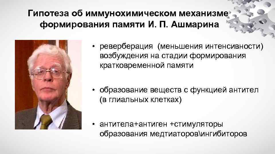 Гипотеза об иммунохимическом механизме формирования памяти И. П. Ашмарина • реверберация (меньшения интенсивности) возбуждения