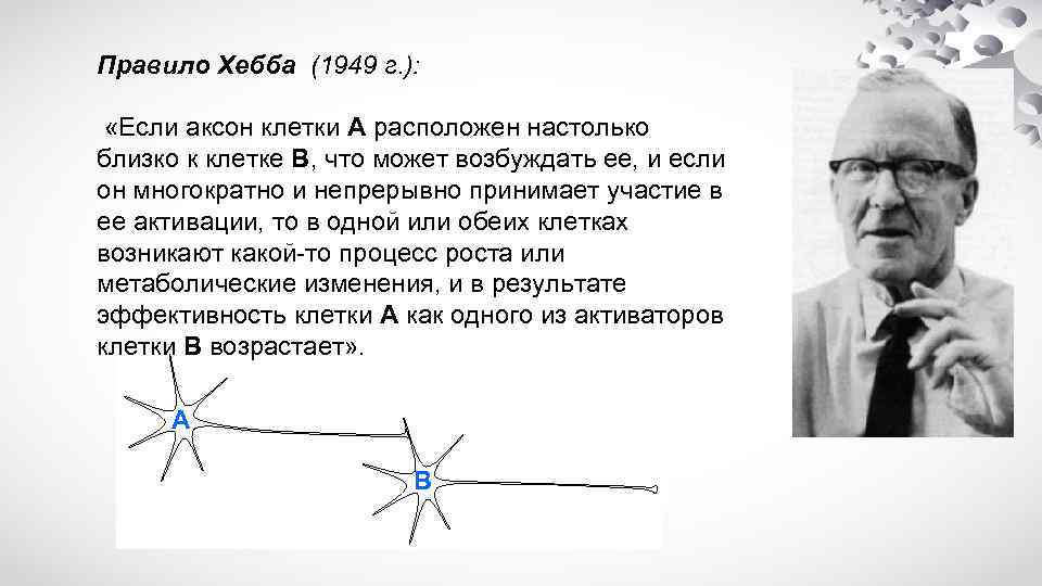 Правило Хебба (1949 г. ): «Если аксон клетки А расположен настолько близко к клетке