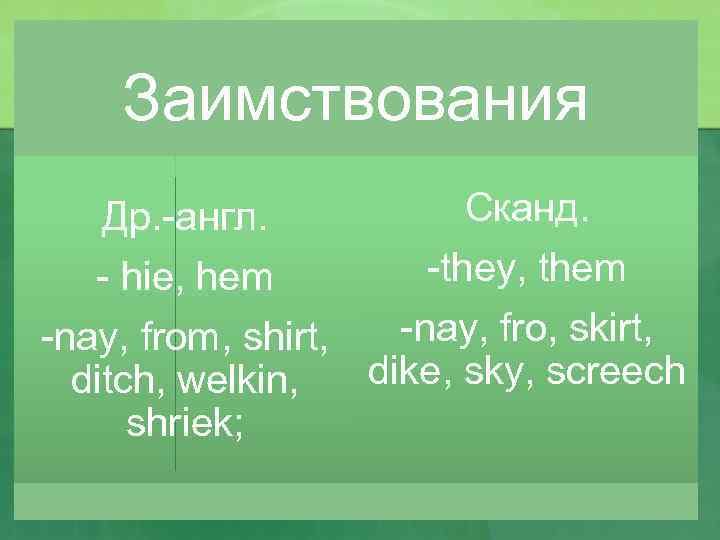 Заимствования Сканд. Др. -англ. -they, them - hie, hem -nay, fro, skirt, -nay, from,