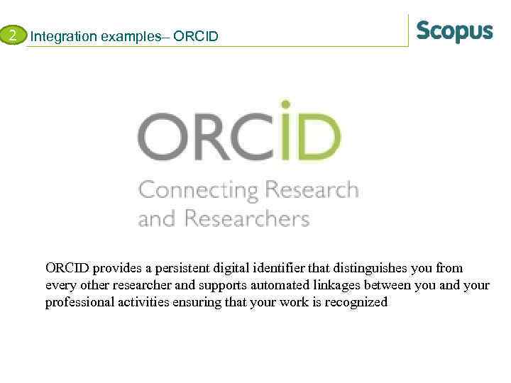 2 Integration examples– ORCID provides a persistent digital identifier that distinguishes you from every