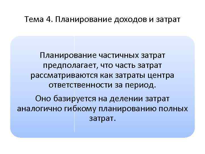 Тема 4. Планирование доходов и затрат Планирование частичных затрат предполагает, что часть затрат рассматриваются