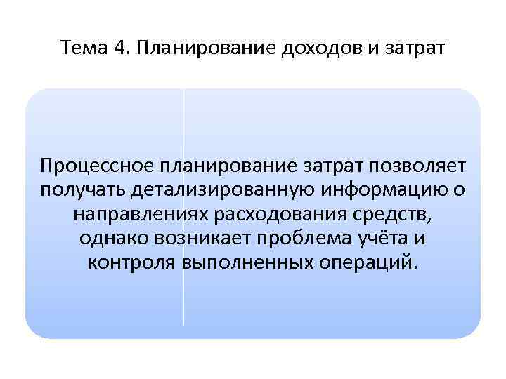 Тема 4. Планирование доходов и затрат Процессное планирование затрат позволяет получать детализированную информацию о