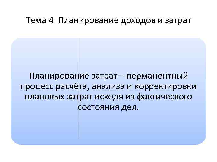 Тема 4. Планирование доходов и затрат Планирование затрат – перманентный процесс расчёта, анализа и