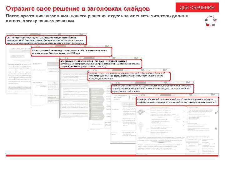 Отразите свое решение в заголовках слайдов ДЛЯ ОБУЧЕНИЯ После прочтения заголовков вашего решения отдельно