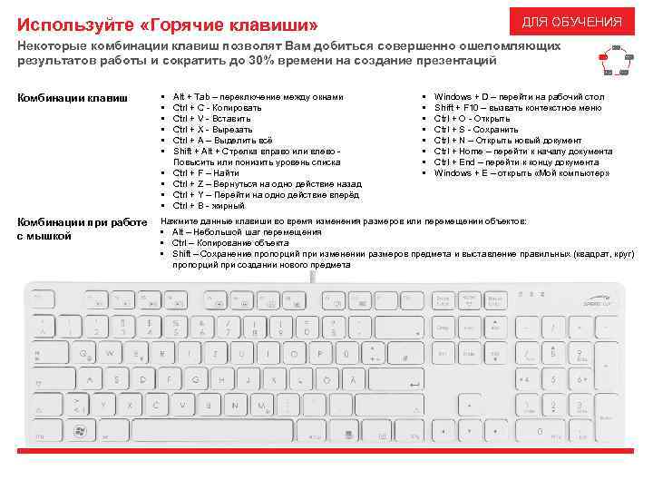 ДЛЯ ОБУЧЕНИЯ Используйте «Горячие клавиши» Некоторые комбинации клавиш позволят Вам добиться совершенно ошеломляющих результатов