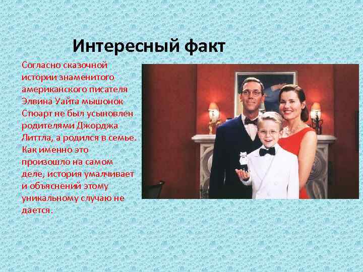 Интересный факт Согласно сказочной истории знаменитого американского писателя Элвина Уайта мышонок Стюарт не был