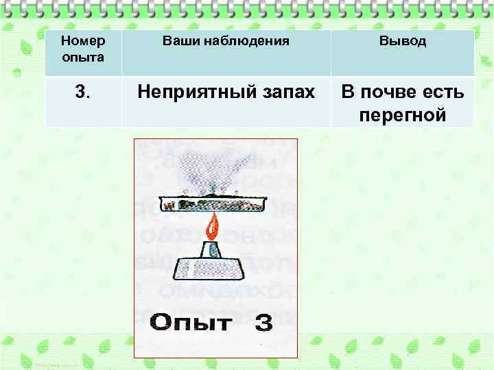 Номер опыта Ваши наблюдения Вывод 3. Неприятный запах В почве есть перегной 