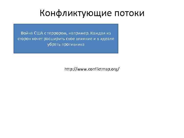 Конфликтующие потоки Война США с террором, например. Каждая из сторон хочет расширить свое влияние