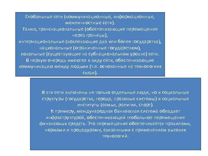 Глобальные сети (коммуникационные, информационные, межличностные сети). Также, транснациональные (обеспечивающие перемещение через границы), интернациональные (вовлекающие