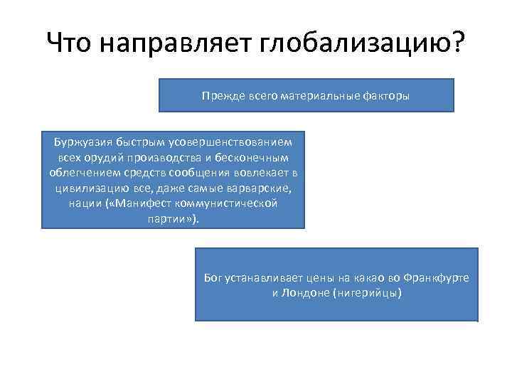 Что направляет глобализацию? Прежде всего материальные факторы Буржуазия быстрым усовершенствованием всех орудий производства и