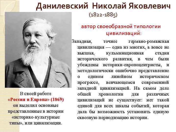 Данилевский Николай Яковлевич (1822 -1885) автор своеобразной типологии цивилизаций: В своей работе «Россия и