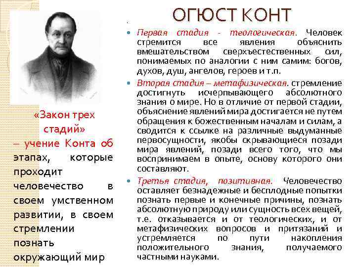 . Первая стадия - теологическая. Человек стремится все явления объяснить вмешательством сверхъестественных сил, понимаемых