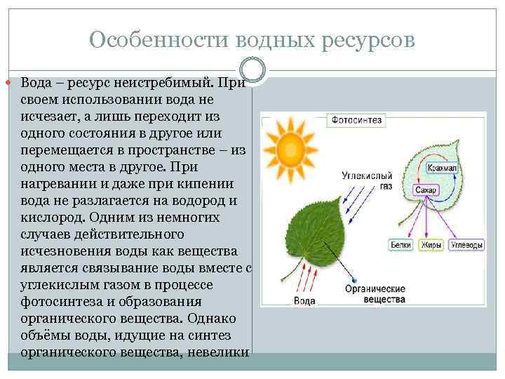 Особенности водных ресурсов Вода – ресурс неистребимый. При своем использовании вода не исчезает, а